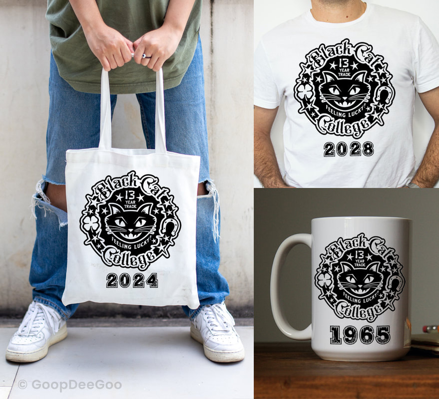 Black Cat College school logo downloadable SVG and printable art on a mug, tote bags, and pillow.
