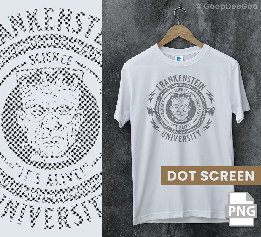 Frankenstein University school logo downloadable SVG and printable art for t-shirts ona comic book haltone pattern on a t-shirt.