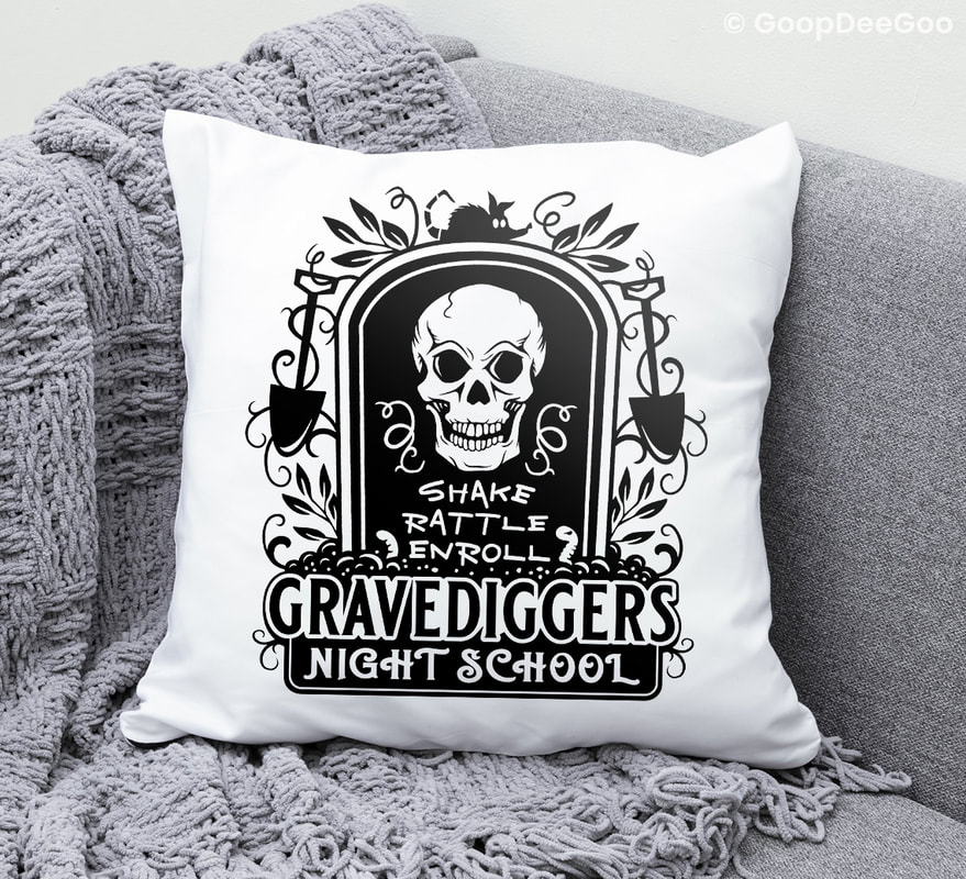 Grave Diggers Night School logo downloadable SVG and printable art on a pillow.